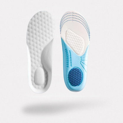 Pair of blue memory foam insoles sized to fit inside children's shoes