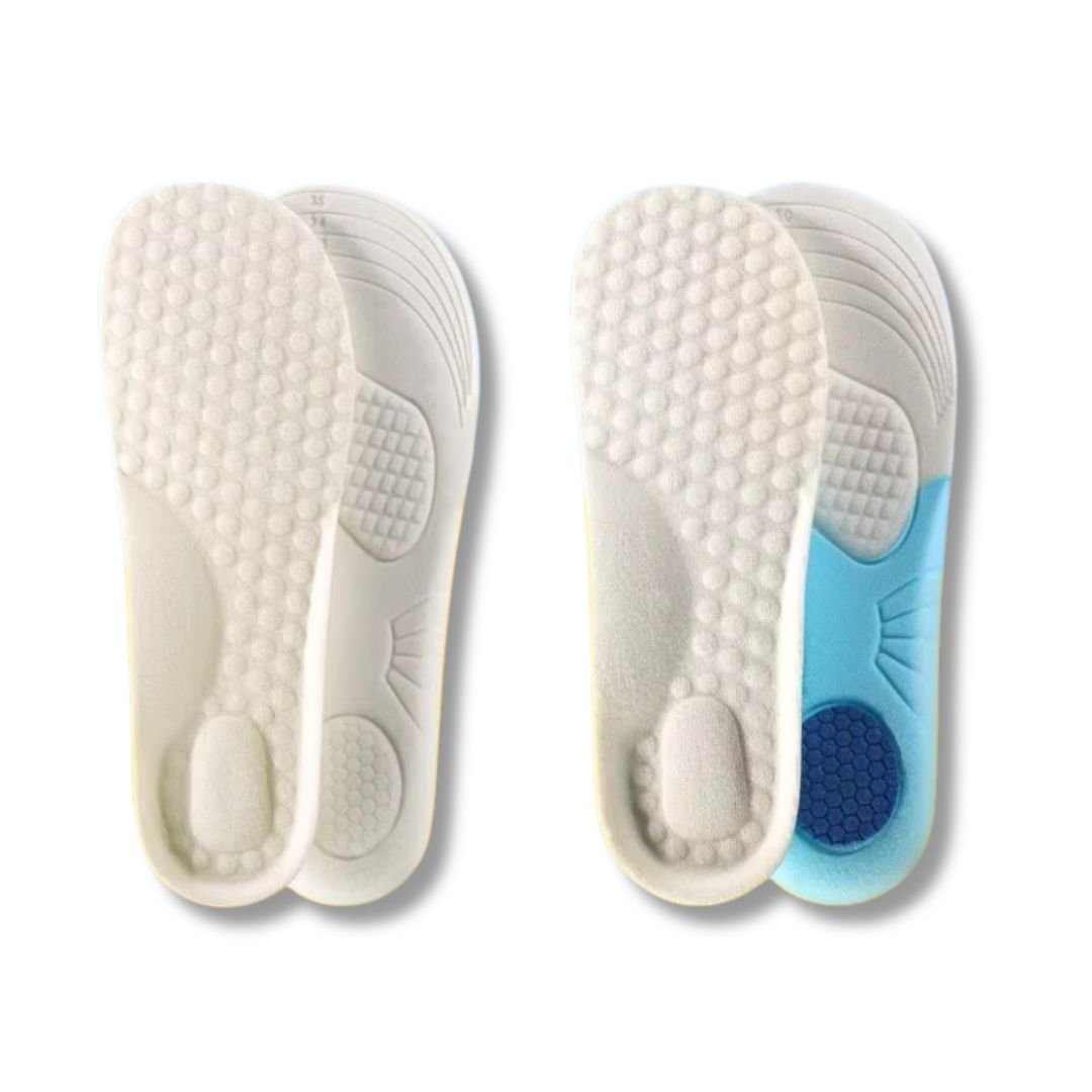 Pair of blue memory foam insoles sized to fit inside children's shoes