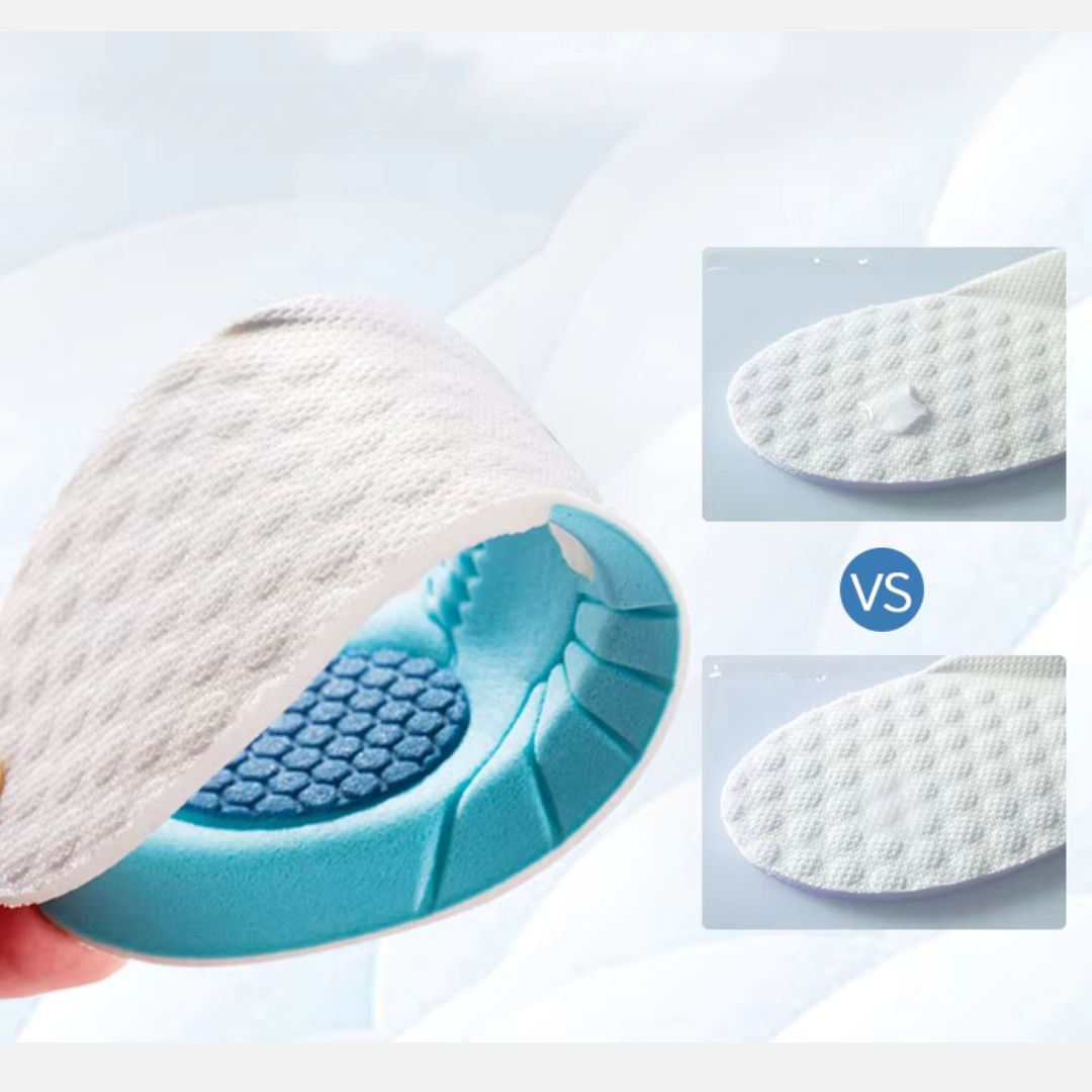 Pair of blue memory foam insoles sized to fit inside children's shoes