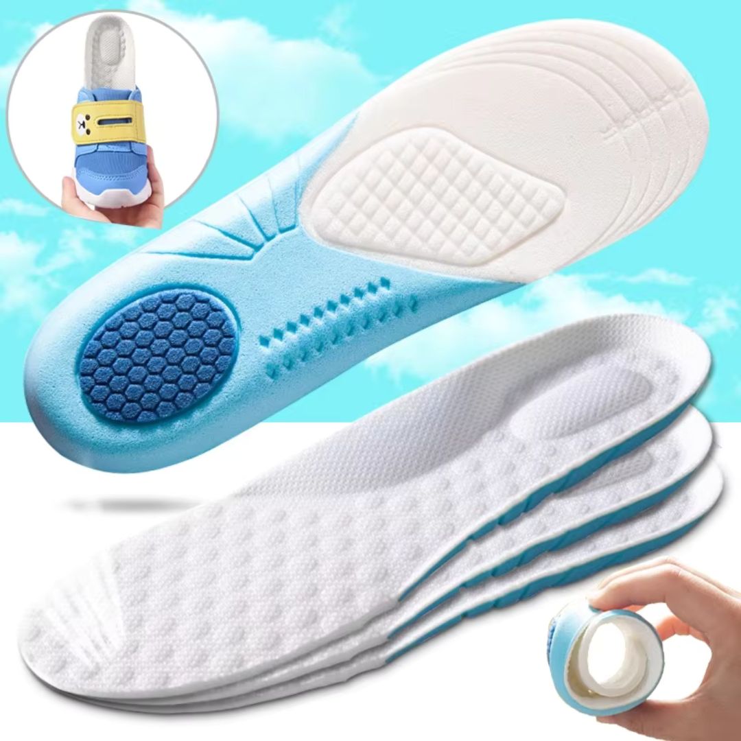 Pair of blue memory foam insoles sized to fit inside children's shoes