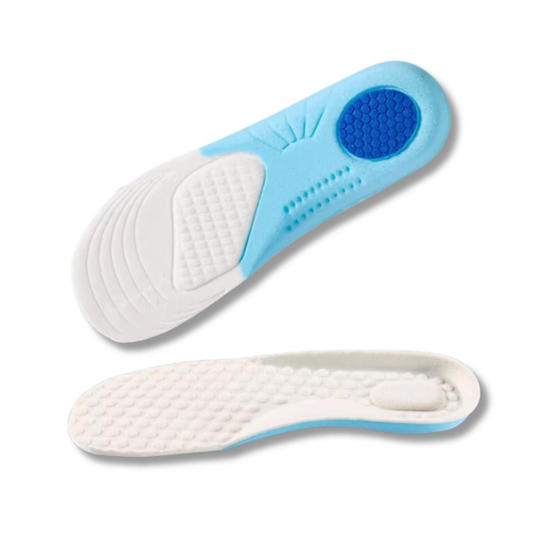 Pair of blue memory foam insoles sized to fit inside children's shoes