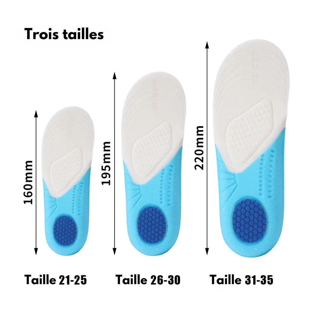 Pair of blue memory foam insoles sized to fit inside children's shoes