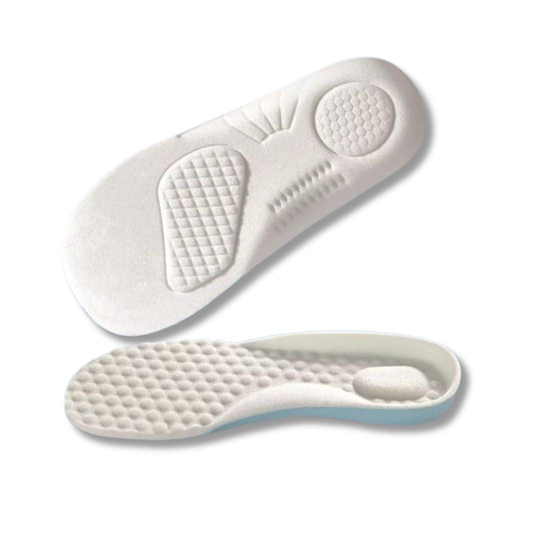 Pair of blue memory foam insoles sized to fit inside children's shoes
