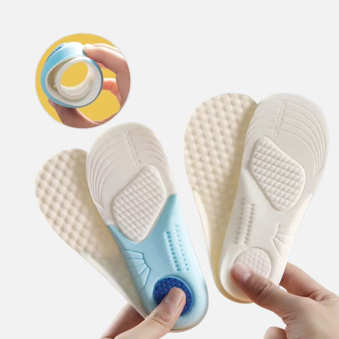 Pair of blue memory foam insoles sized to fit inside children's shoes