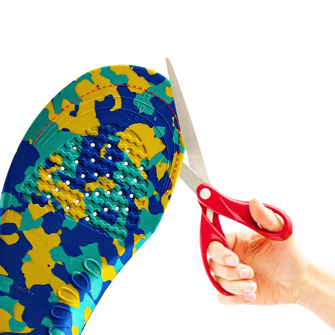 Kids orthopedic insoles with a raised arch, sized to fit inside children's shoes