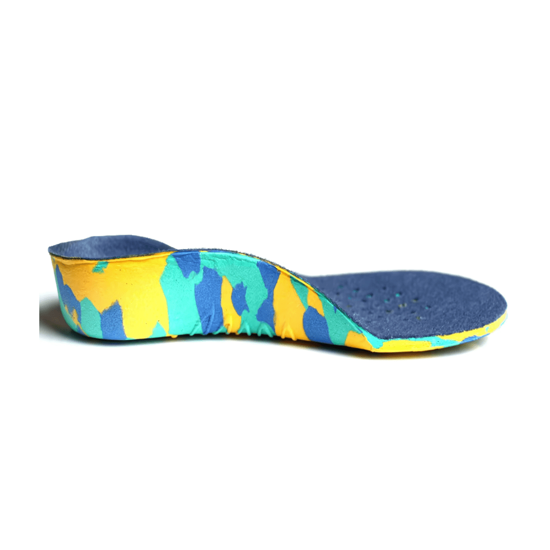 Kids orthopedic insoles with a raised arch, sized to fit inside children's shoes