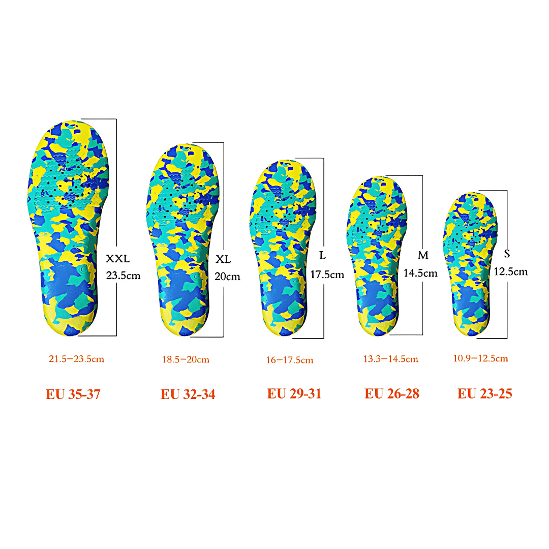 Kids orthopedic insoles with a raised arch, sized to fit inside children's shoes