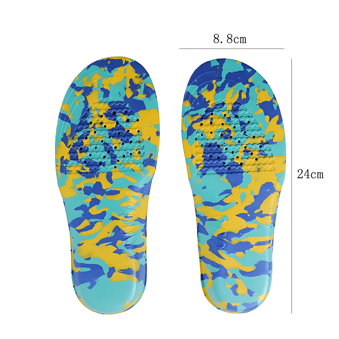 Kids orthopedic insoles with a raised arch, sized to fit inside children's shoes