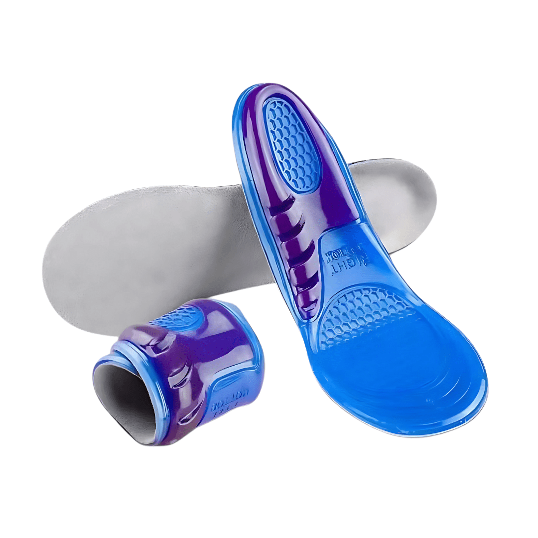 Gel insoles with silica cushions under the heel and the ball of the foot