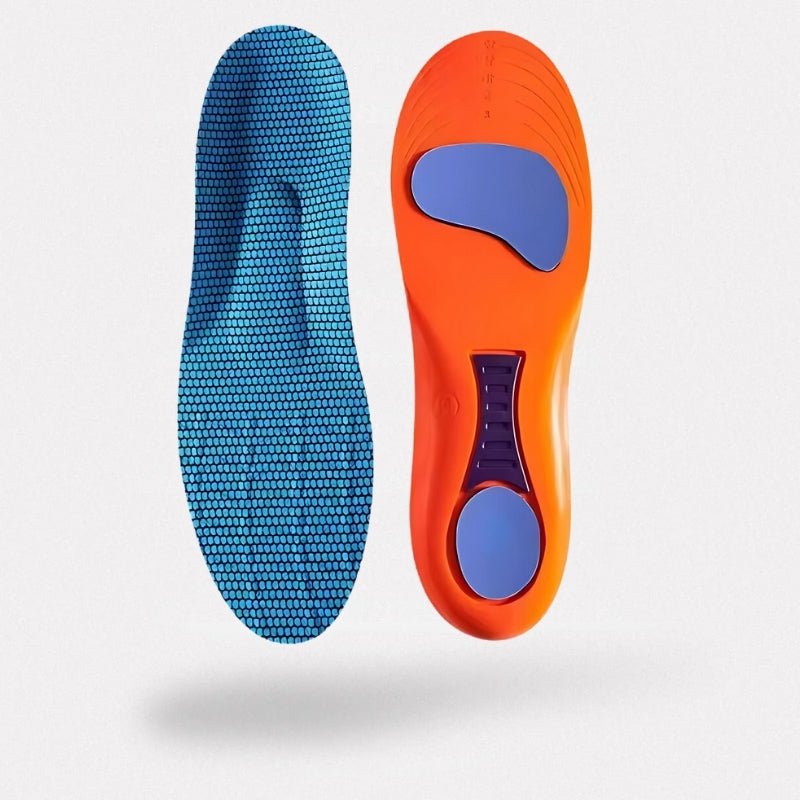 Sport orthopedic insoles with a cushioned heel and firm arch, worn inside athletic shoes