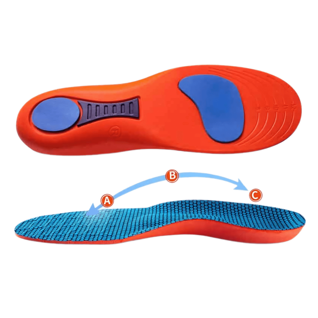 Sport orthopedic insoles with a cushioned heel and firm arch, worn inside athletic shoes