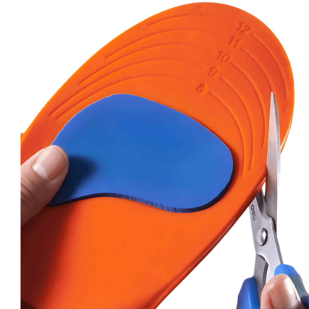 Sport orthopedic insoles with a cushioned heel and firm arch, worn inside athletic shoes