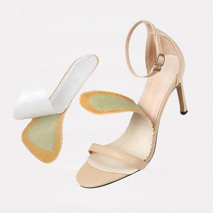 Memory foam high heel insoles in nude, black and pink, placed under the forefoot