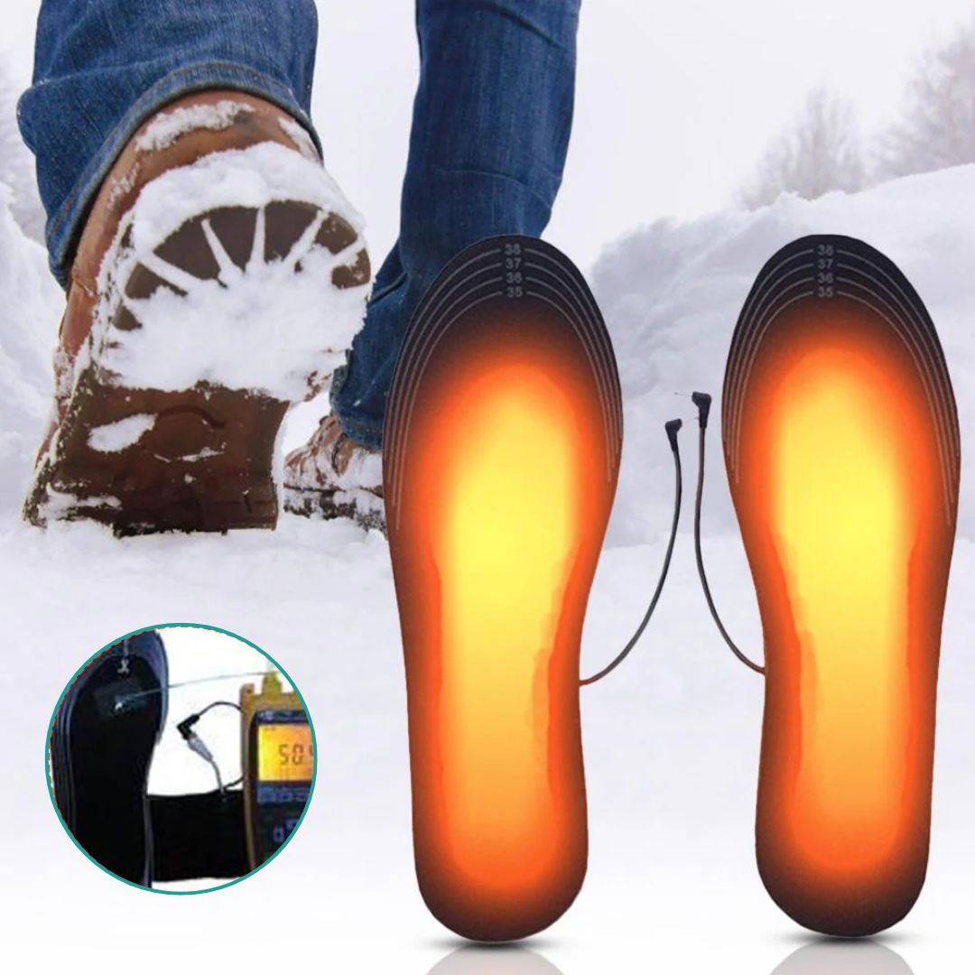 Electric heated insoles with a warming element under the foot, slipped inside work boots