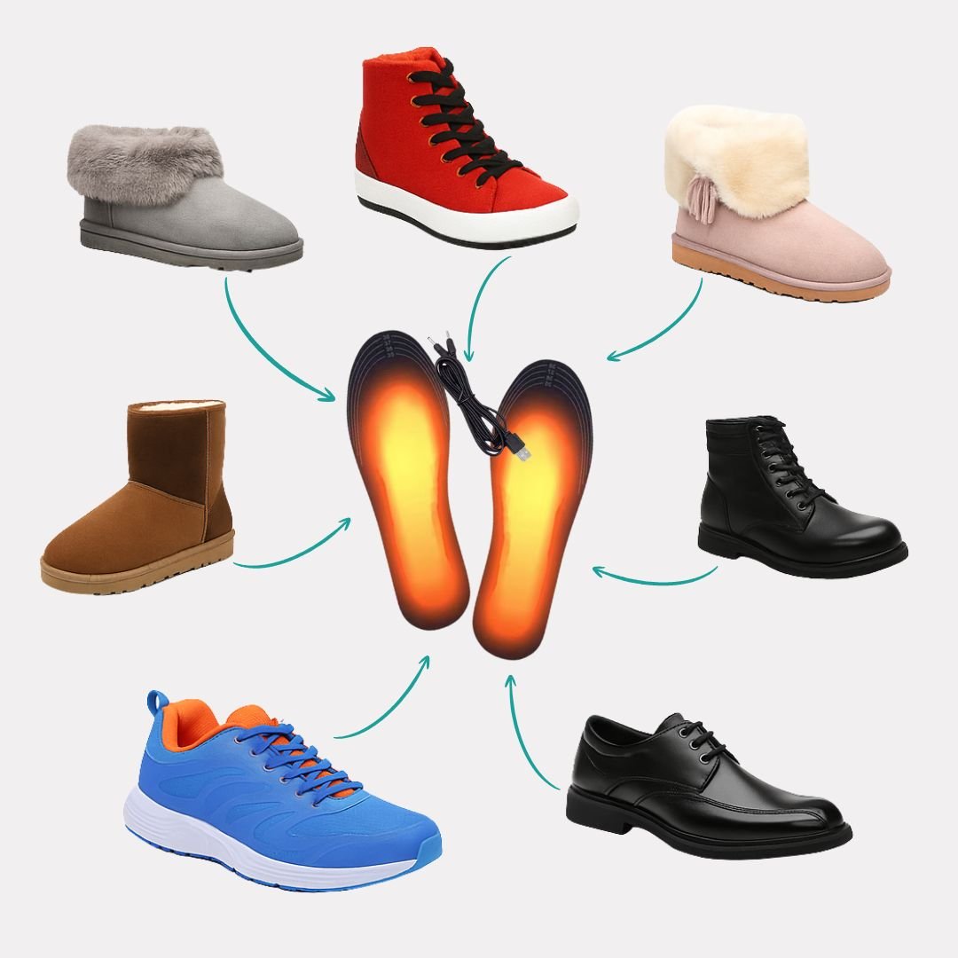Electric heated insoles with a warming element under the foot, slipped inside work boots