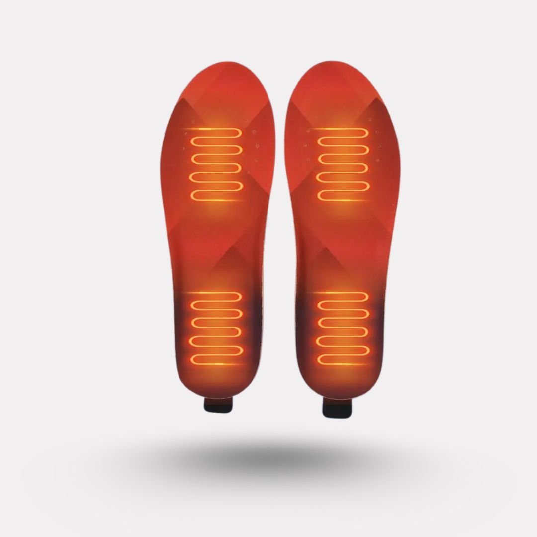 Heated insoles that warm the sole of the foot, sized to sit inside hiking and hunting boots