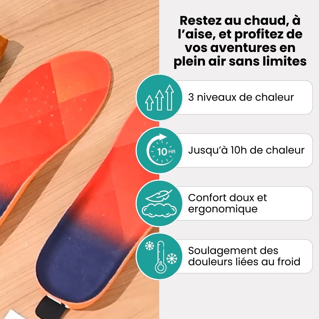 Heated insoles that warm the sole of the foot, sized to sit inside hiking and hunting boots
