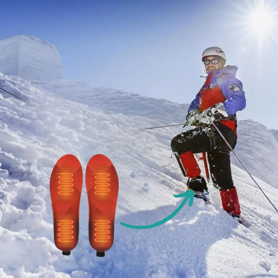 Heated insoles that warm the sole of the foot, sized to sit inside hiking and hunting boots