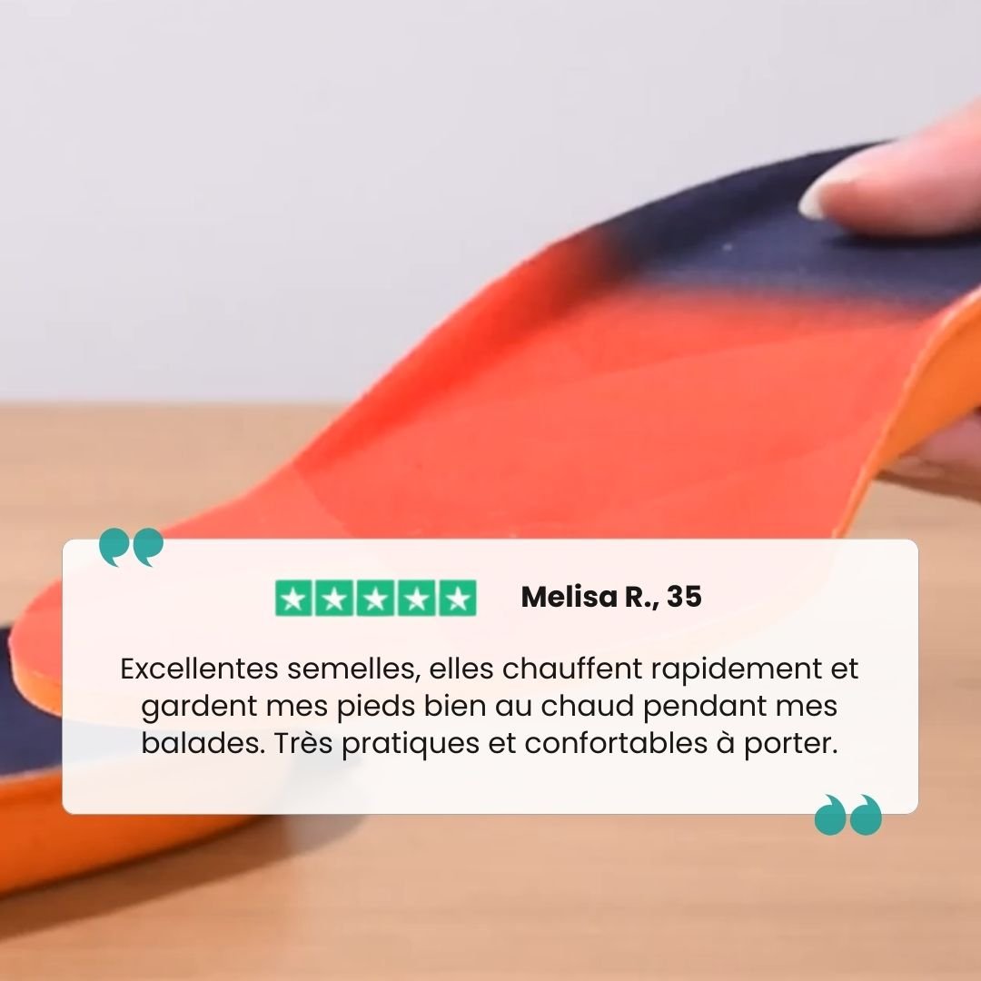 Heated insoles that warm the sole of the foot, sized to sit inside hiking and hunting boots