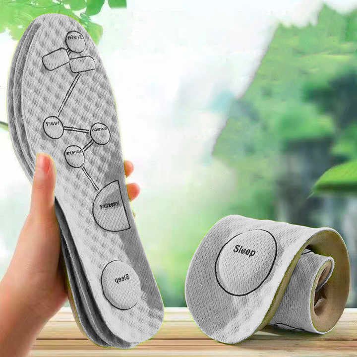 Magnetic acupressure insoles with raised massage points, in green and gray pairs