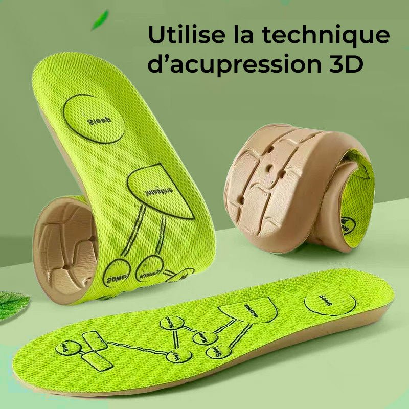 Magnetic acupressure insoles with raised massage points, in green and gray pairs