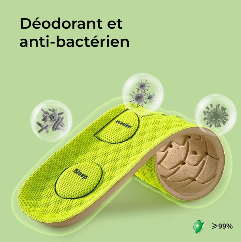 Magnetic acupressure insoles with raised massage points, in green and gray pairs