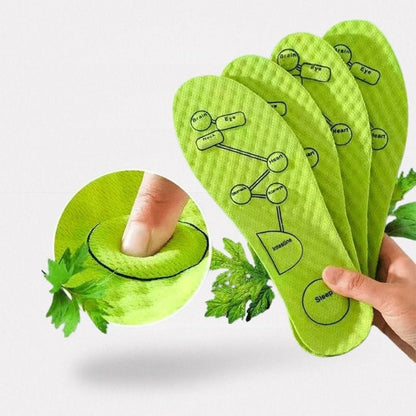 Magnetic acupressure insoles with raised massage points, in green and gray pairs