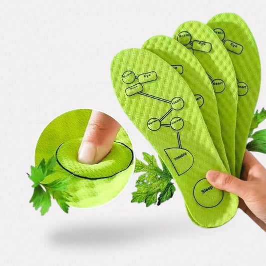 Magnetic acupressure insoles with raised massage points, in green and gray pairs