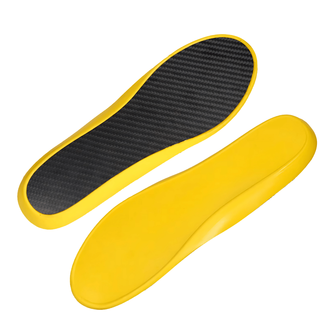 Thin carbon fiber insoles that slide inside the shoe for rigid arch support