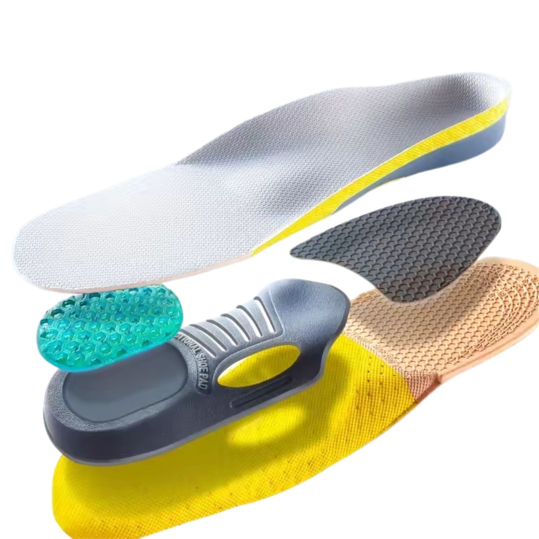 Pair of insoles with a cushioned heel cup that offloads a painful heel spur