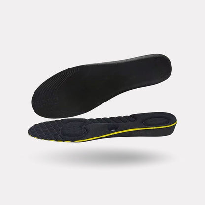 Invisible height increase insoles with a stacked lift, hidden under the heel inside a shoe