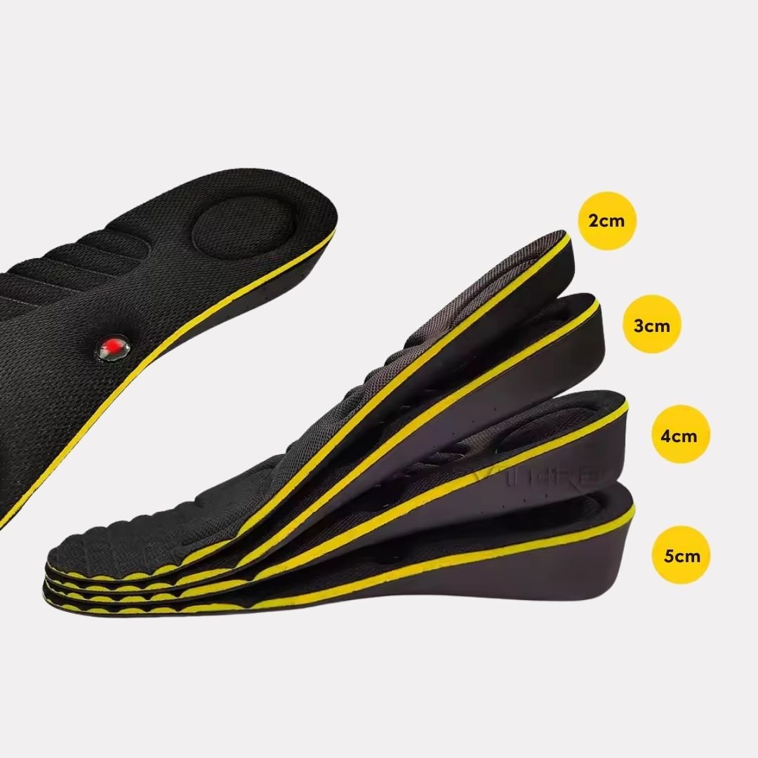 Invisible height increase insoles with a stacked lift, hidden under the heel inside a shoe