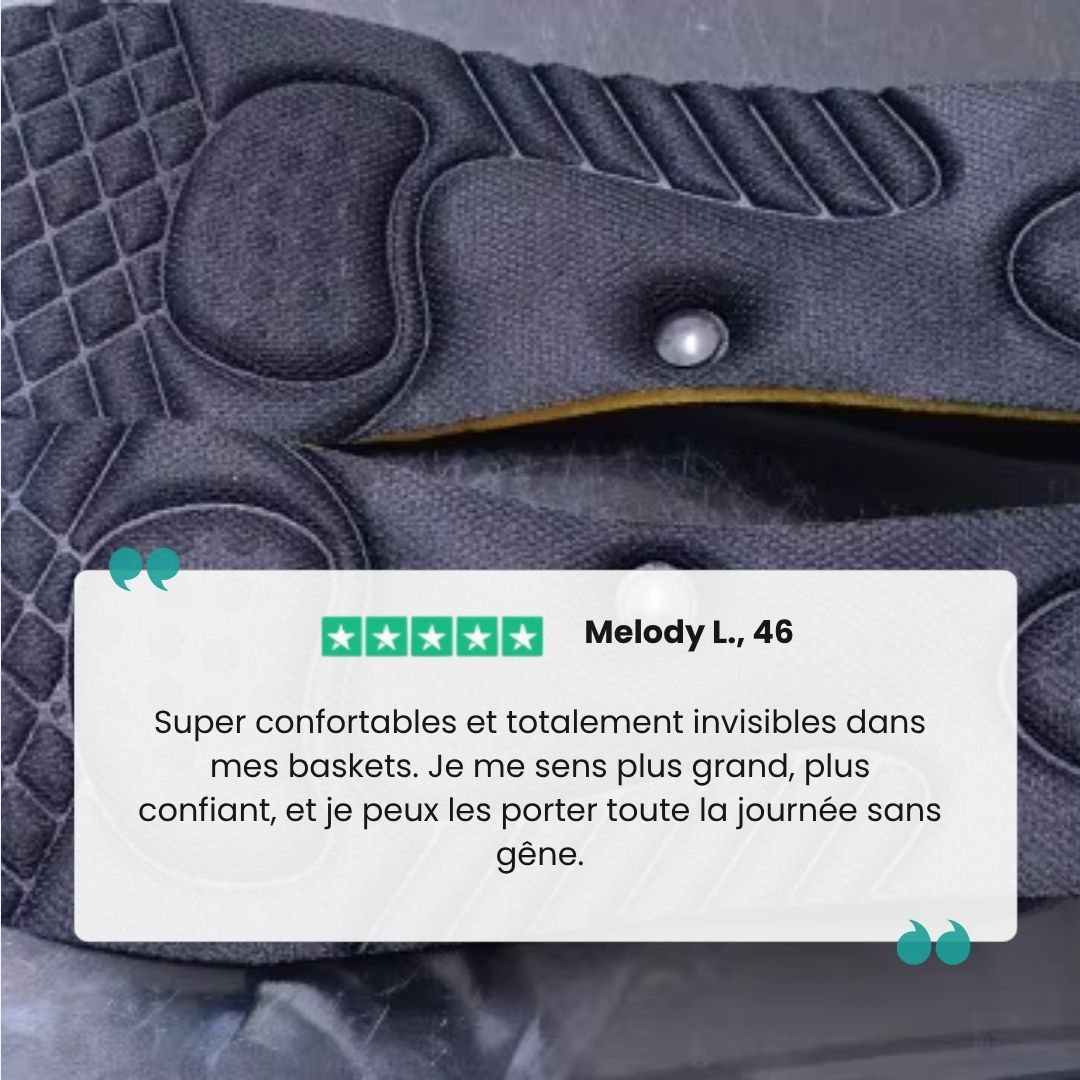 Invisible height increase insoles with a stacked lift, hidden under the heel inside a shoe