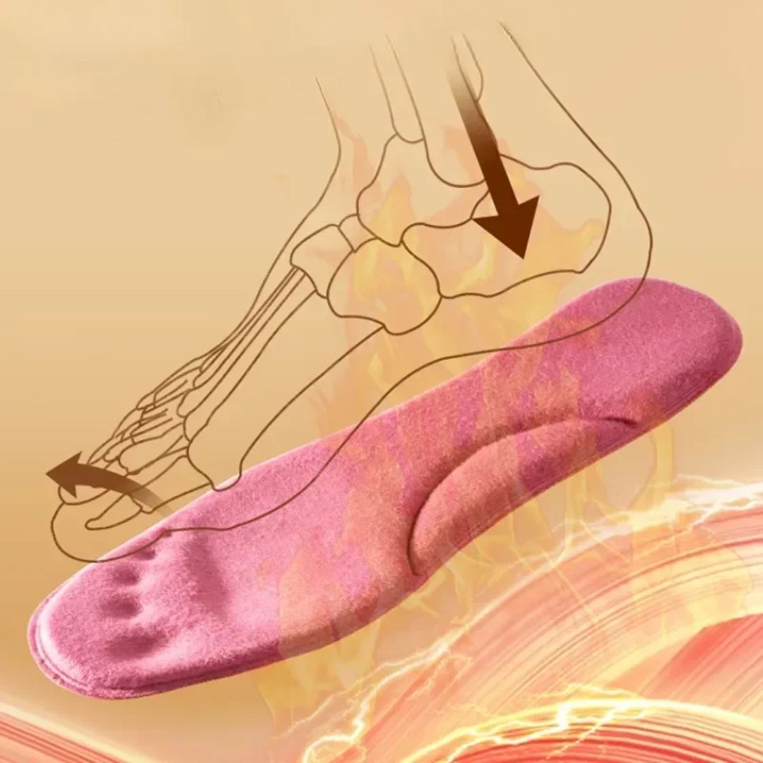 Pink and yellow thermal insoles with an insulating top layer, trimmed to fit inside winter boots