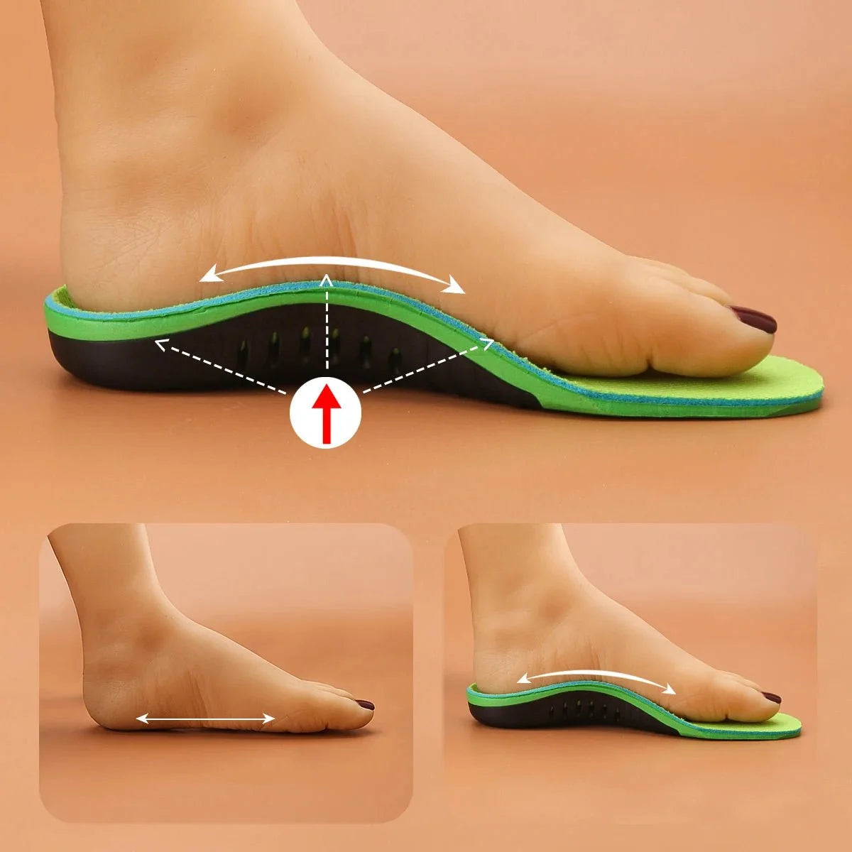 Orthopedic insoles for everyday foot pain, contoured under the arch and the heel