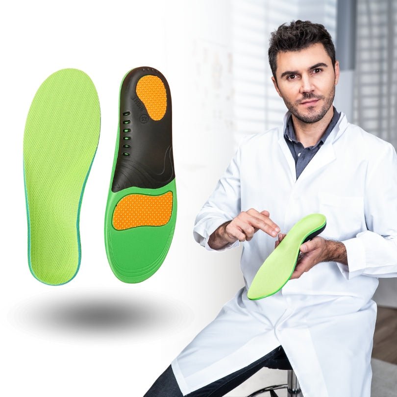 Orthopedic insoles for everyday foot pain, contoured under the arch and the heel