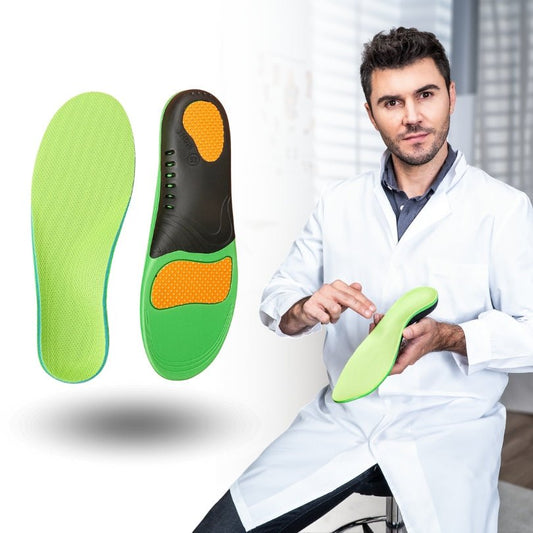 Orthopedic insoles for everyday foot pain, contoured under the arch and the heel