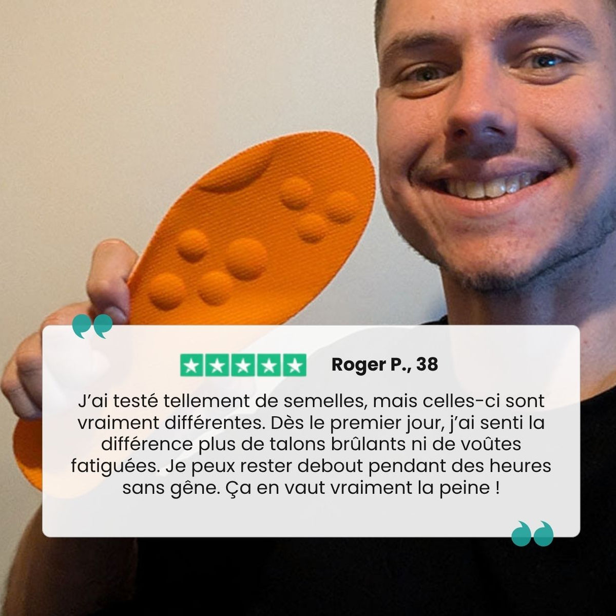 Pair of memory foam orthopedic insoles with a raised arch, worn inside the shoe