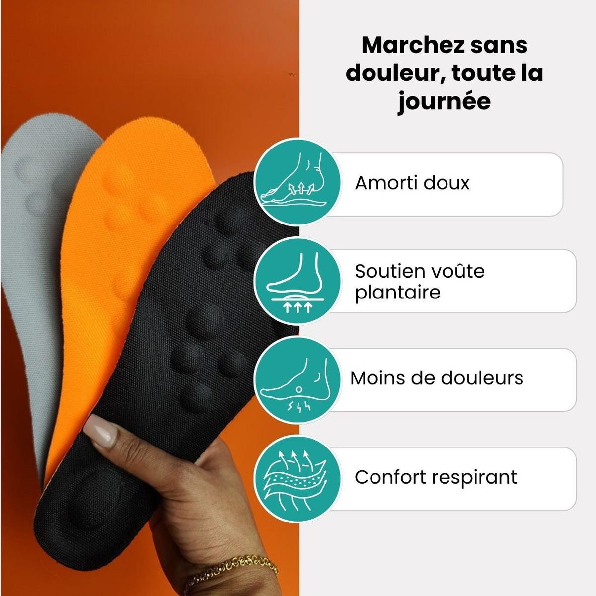 Pair of memory foam orthopedic insoles with a raised arch, worn inside the shoe