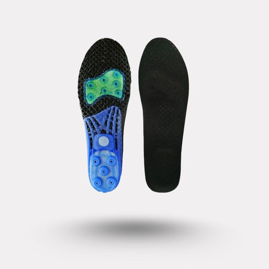 Pair of orthopedic insoles for plantar fasciitis with a raised arch and a deep heel cup