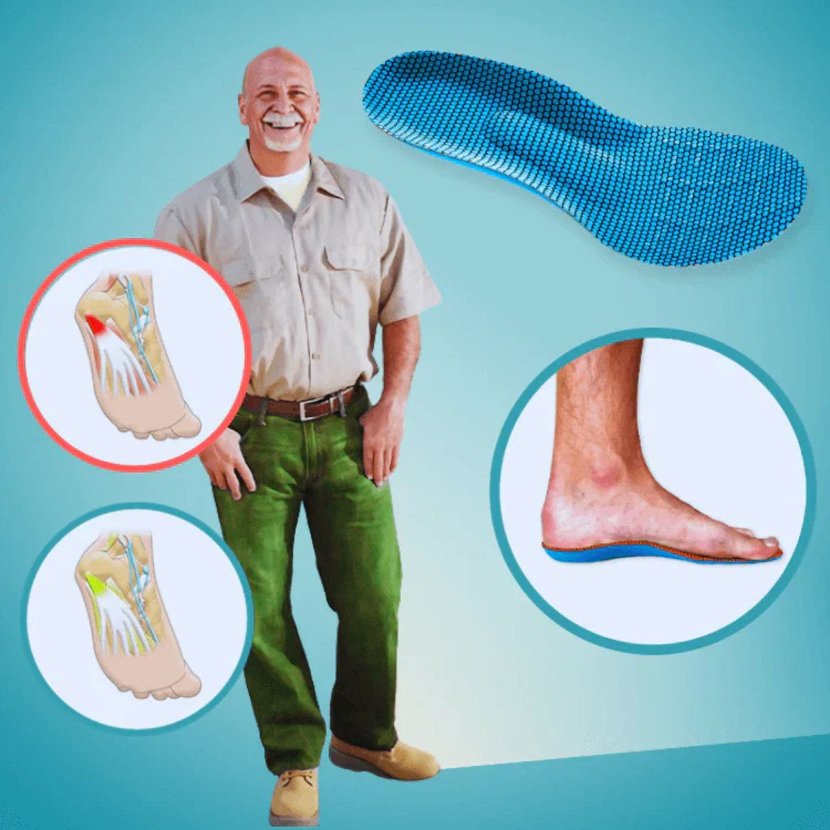 Orthopedic insoles for bunions with a heel cushion, arch support and metatarsal pad