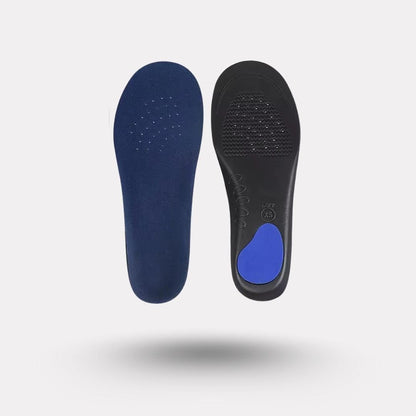Pair of breathable orthopedic insoles with a raised arch, worn inside the shoe