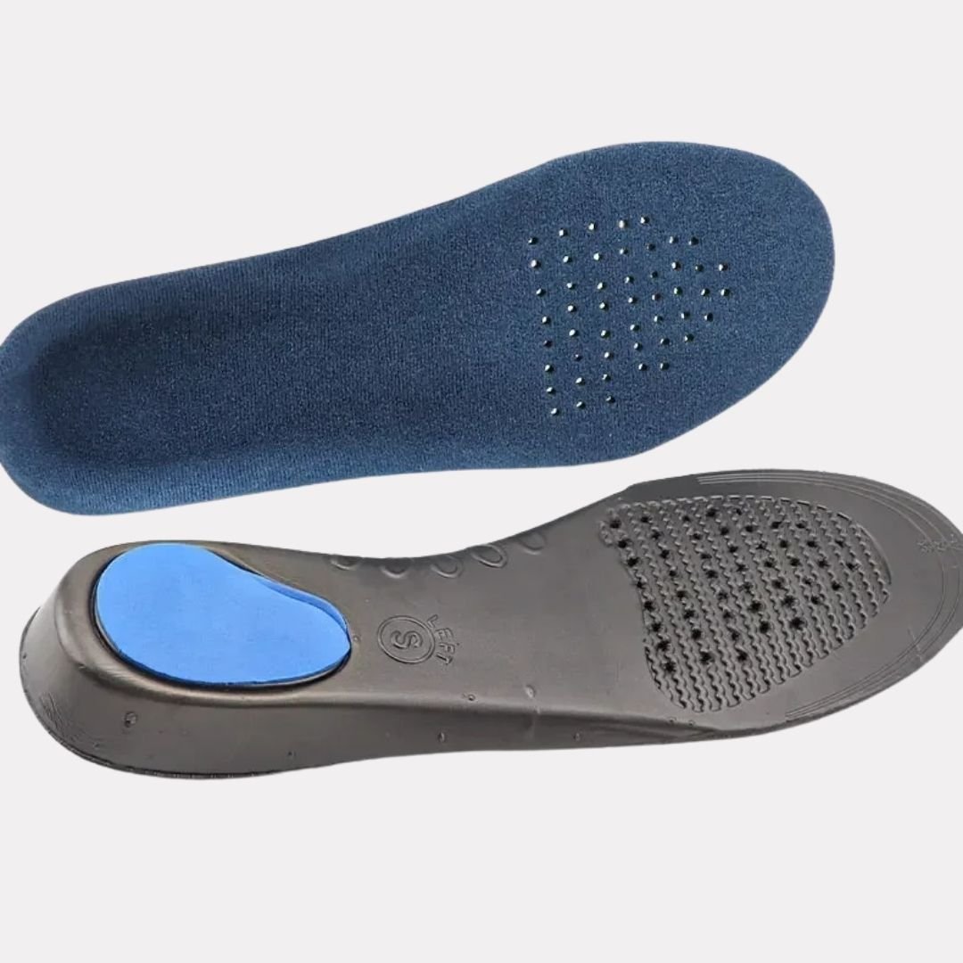 Pair of breathable orthopedic insoles with a raised arch, worn inside the shoe