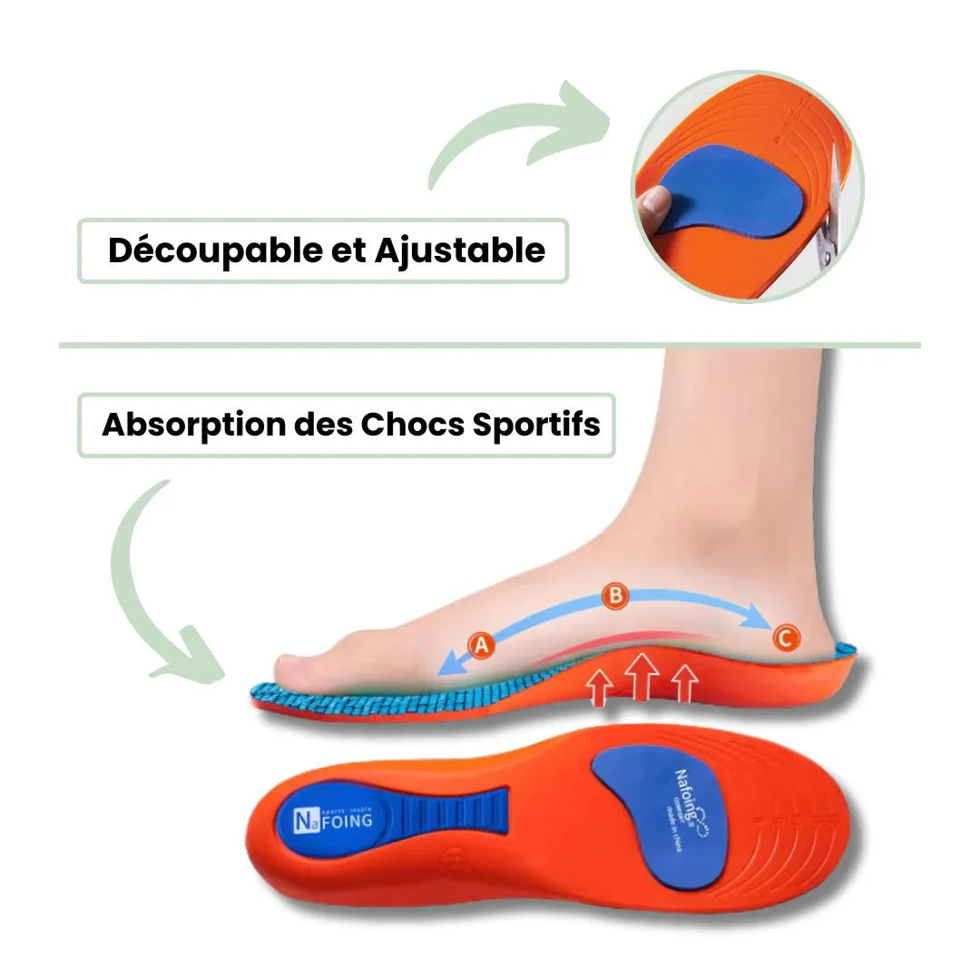 Sport orthopedic insoles with a cushioned heel and firm arch, worn inside athletic shoes