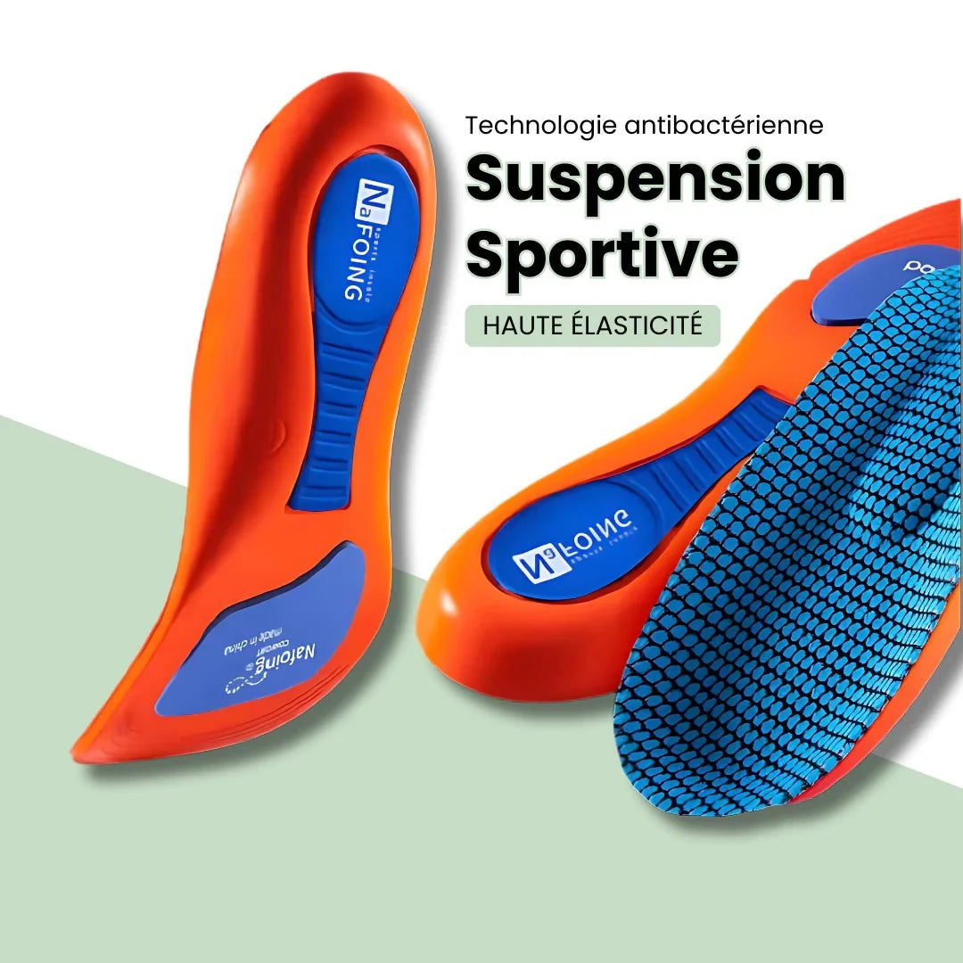 Sport orthopedic insoles with a cushioned heel and firm arch, worn inside athletic shoes