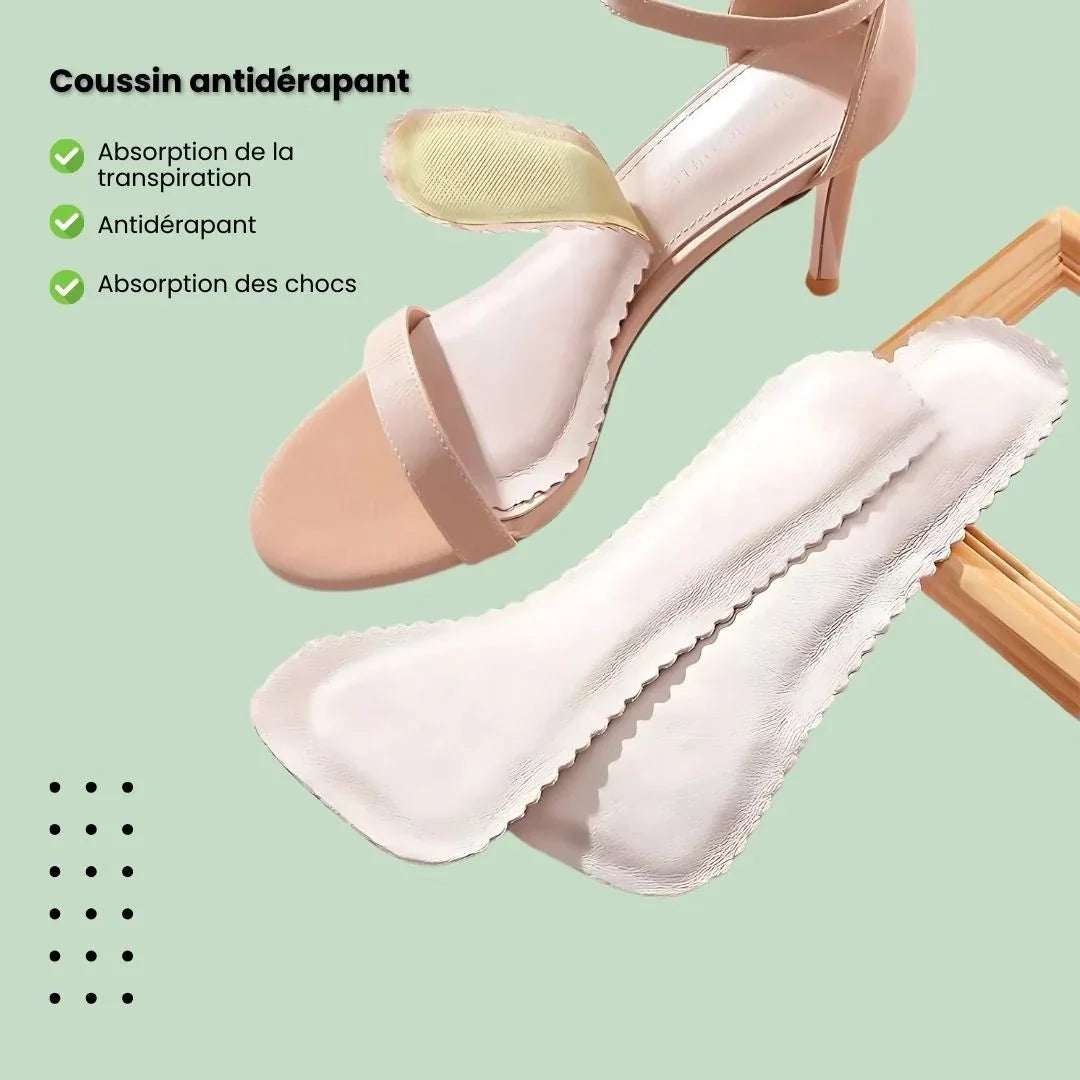 Memory foam high heel insoles in nude, black and pink, placed under the forefoot