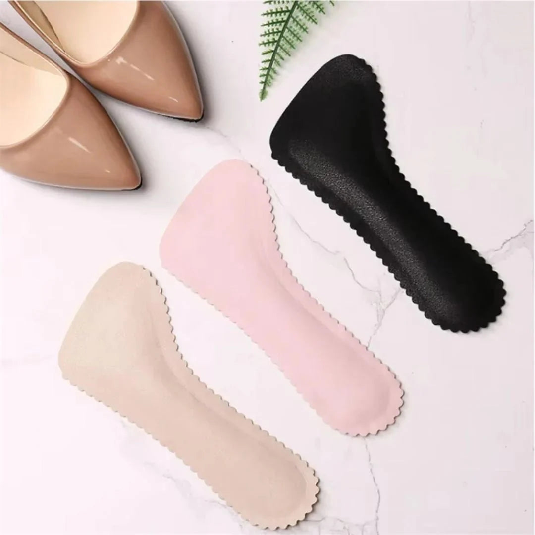 Memory foam high heel insoles in nude, black and pink, placed under the forefoot