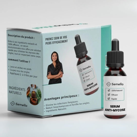 Bottle of toenail fungus booster serum with a brush applicator for the nail
