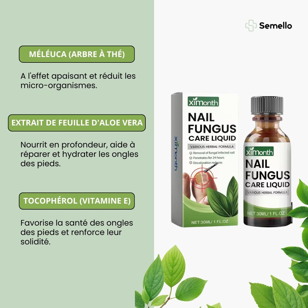 Bottle of clear serum with a brush applicator for treating toenail fungus