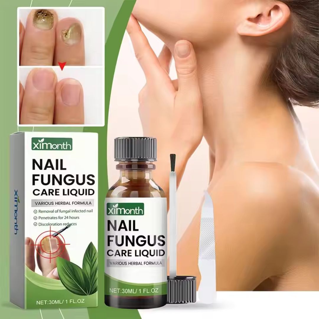 Bottle of clear serum with a brush applicator for treating toenail fungus